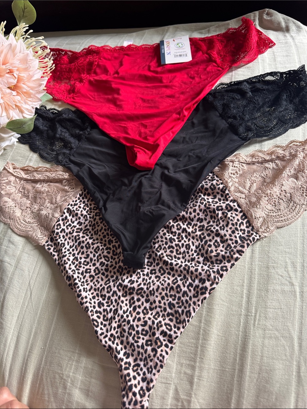 Women’s Lace Trim Thong Panties - Red, Black & Leopard
